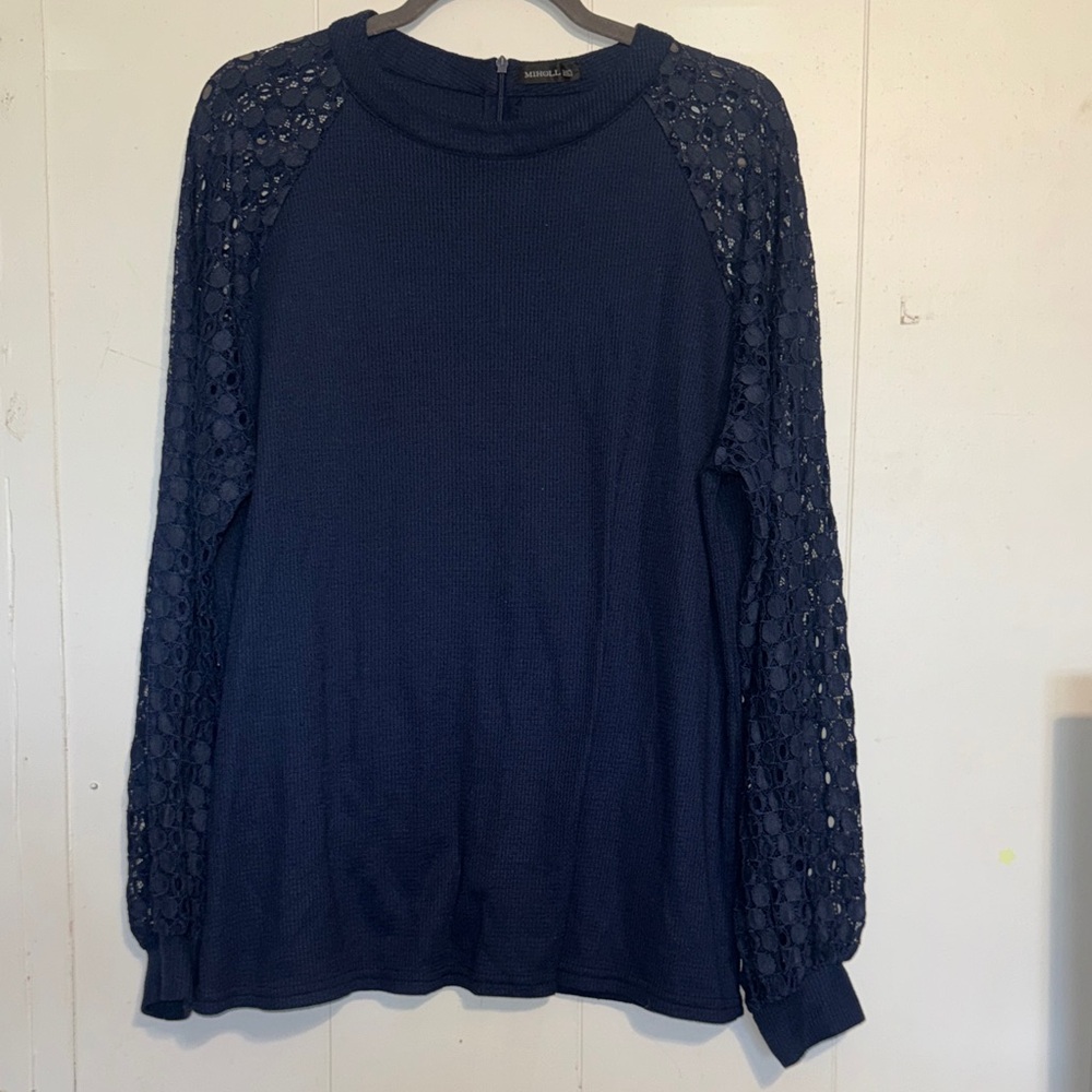 Miholl Women's Navy Lace Sleeve Blouse CXL